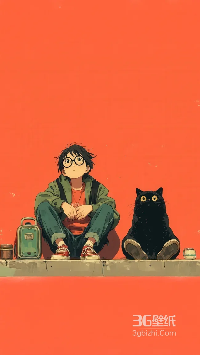 戴眼镜少年与黑猫·日系动漫风 治愈系竖屏壁纸1