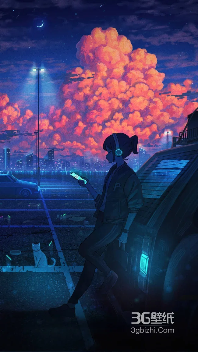 赛博朋克都市夜景·耳机少女与橘云 高人气手机壁纸1