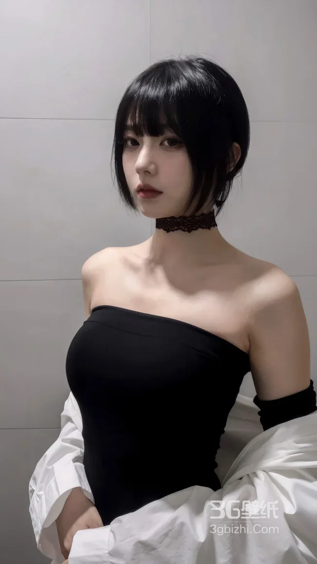 短发暗黑系少女·抹胸蕾丝项圈 冷艳气质手机壁纸1