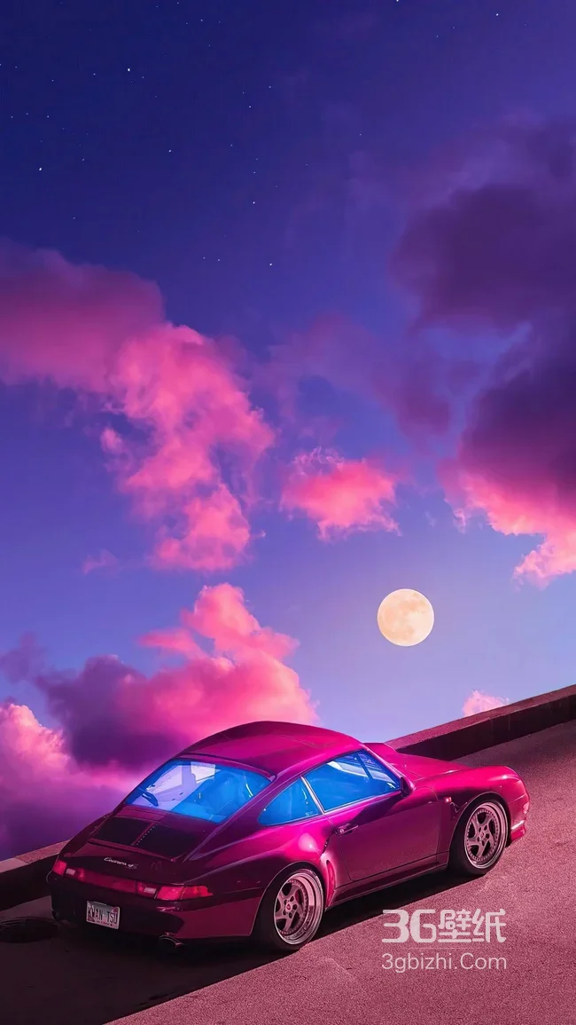 粉紫月夜保时捷跑车 梦幻唯美手机壁纸1