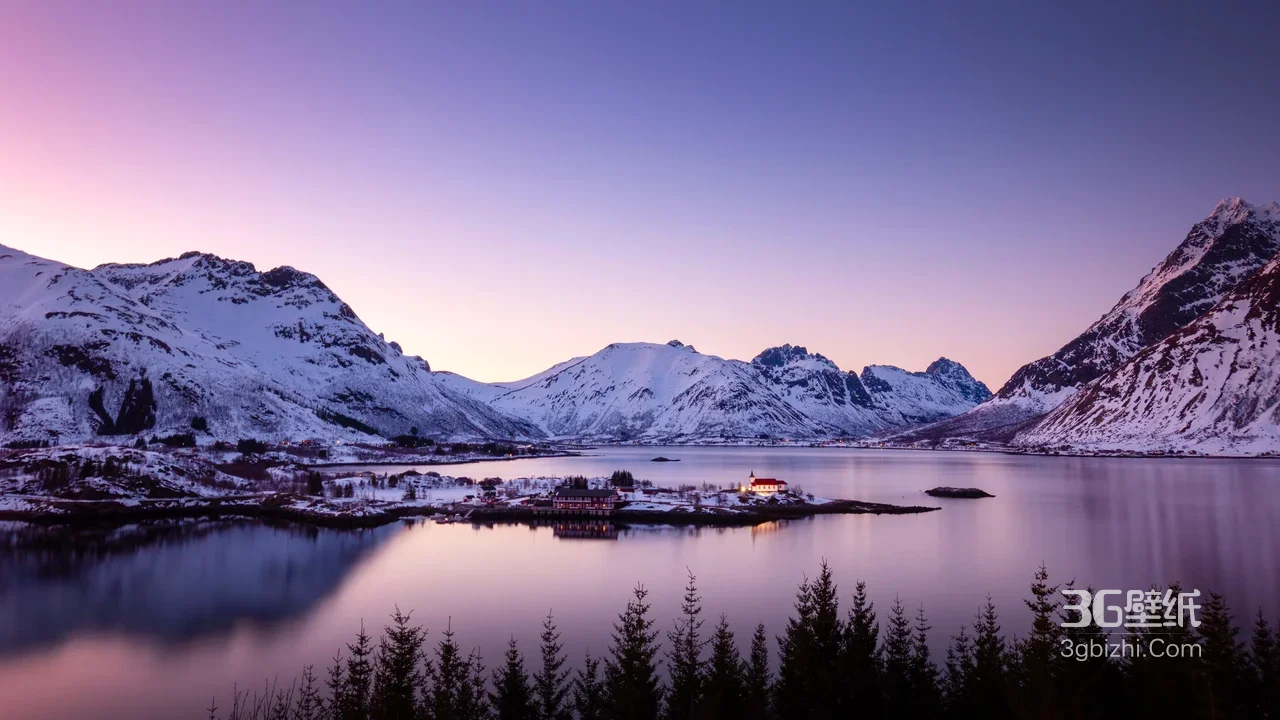 北欧雪山湖泊村落·唯美黄昏雪景 高清宽屏壁纸1