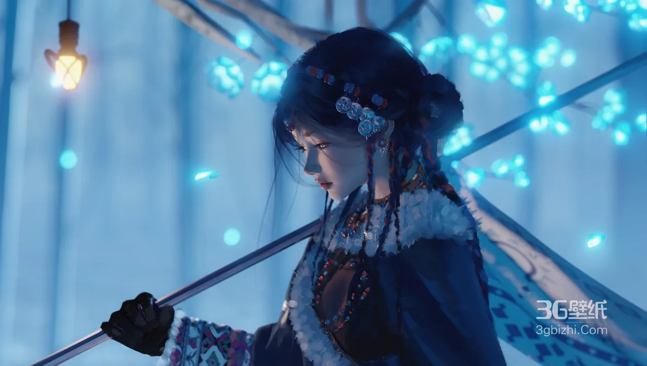 蓝调雪境持杖少女·民族风编发 国风唯美游戏电脑壁纸1