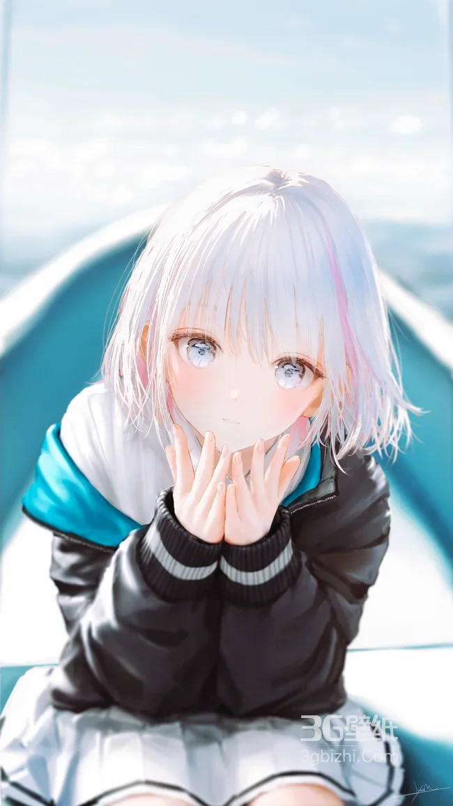 白发粉调二次元少女·蓝眸捧脸 日系清新治愈手机壁纸1