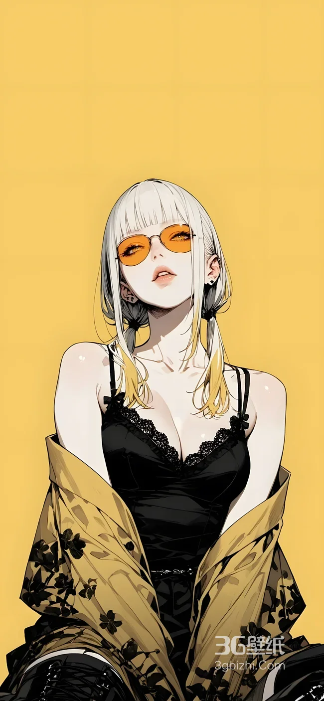 插画风白发橙镜双马尾女孩 黑裙黄花外套手机壁纸1