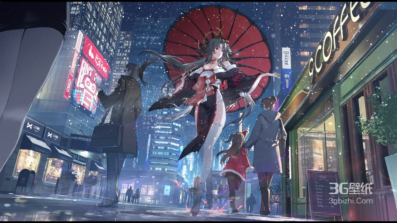 大凤（碧蓝航线）·红伞雪夜 赛博都市国漫风 宽屏壁纸1