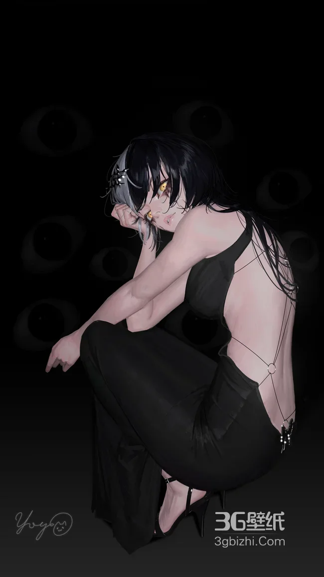 黑灰发黄瞳少女·暗黑风原创插画 小众手机壁纸1