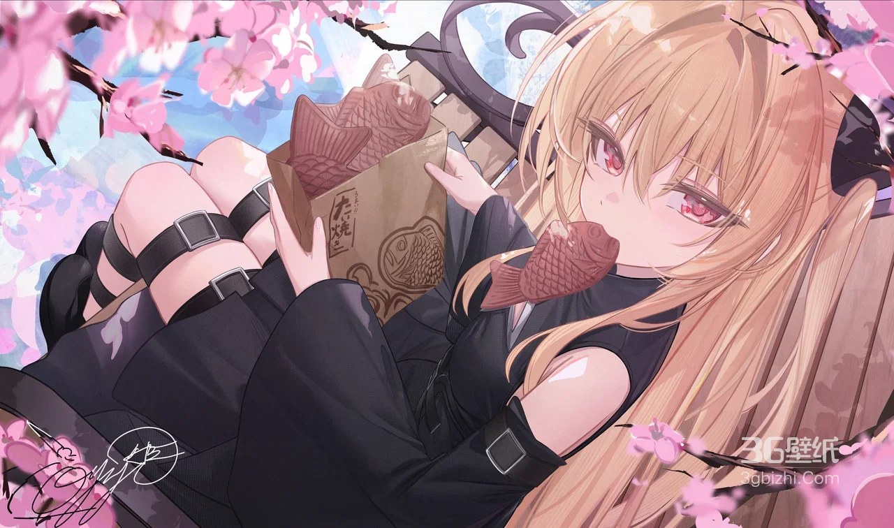 金发红瞳少女·鲷鱼烧樱花 唯美二次元插画 热门电脑壁纸1