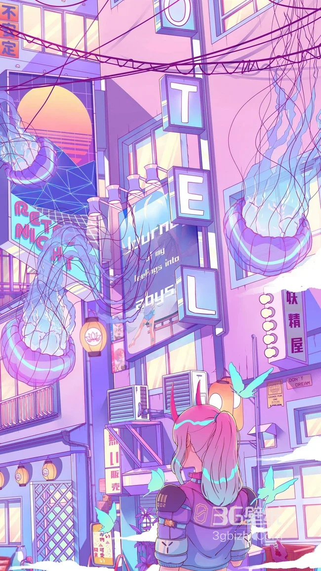 赛博朋克都市角娘·水母霓虹二次元插画手机壁纸1