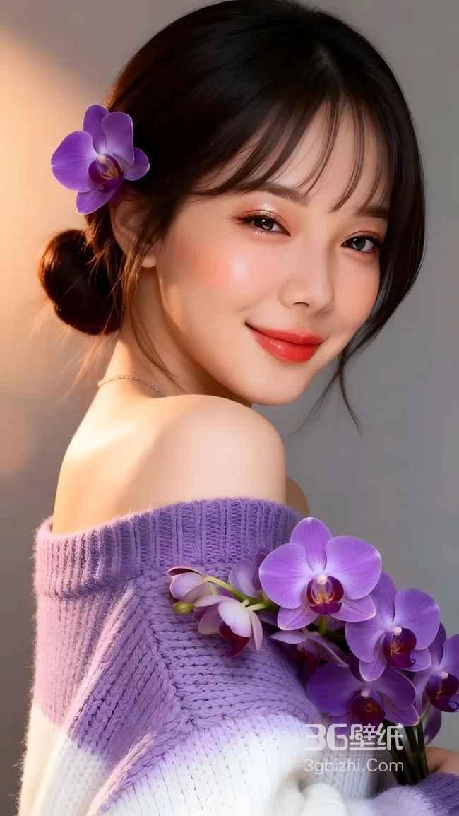 唯美写真·持紫兰的露肩毛衣少女 高人气手机壁纸1