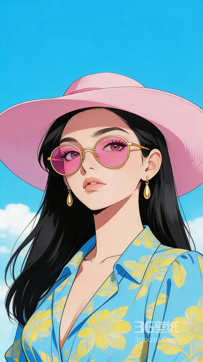 时尚女性·粉帽粉镜蓝花衫·国漫插画夏日清新手机壁纸1