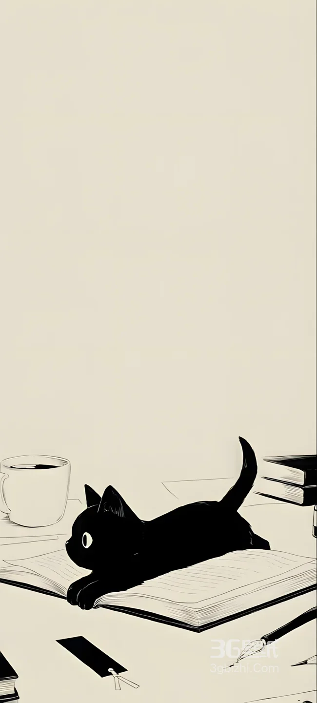 黑猫咪趴在书本 简约黑白插画风 文艺书桌手机壁纸1