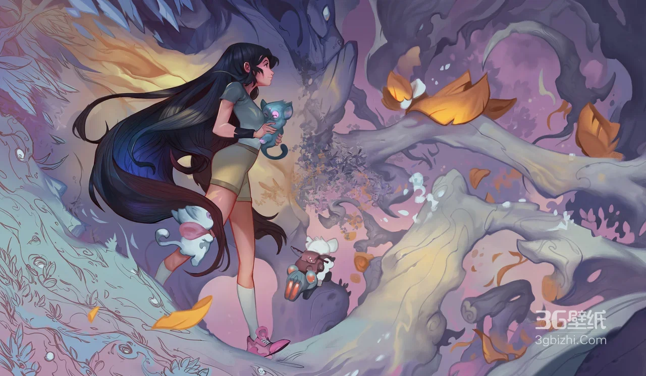 长发少女携萌宠奇幻森林冒险·唯美宽屏电脑壁纸1