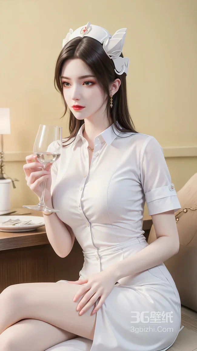 护士风制服佳人·写实唯美 优雅品酒手机壁纸1