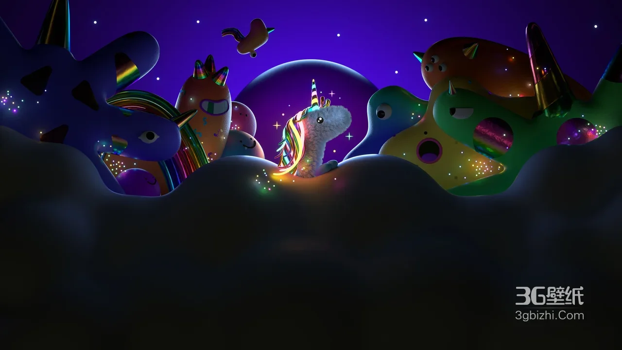 彩虹独角兽·奇幻生物群 梦幻紫星空 超宽屏奇幻风电脑桌面背景1
