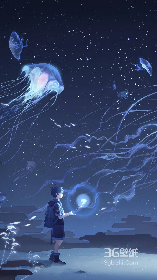 星空少年·发光水母环绕 唯美二次元梦幻场景（高热度壁纸）1