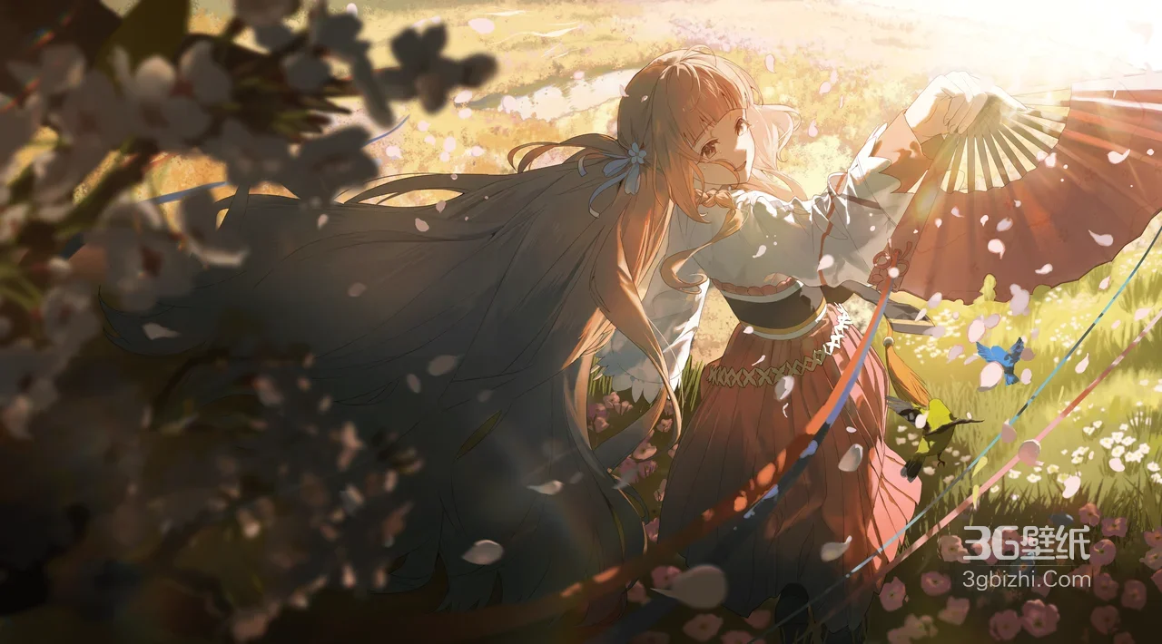 古风少女·折扇飞花 唯美国风动漫插画电脑壁纸1