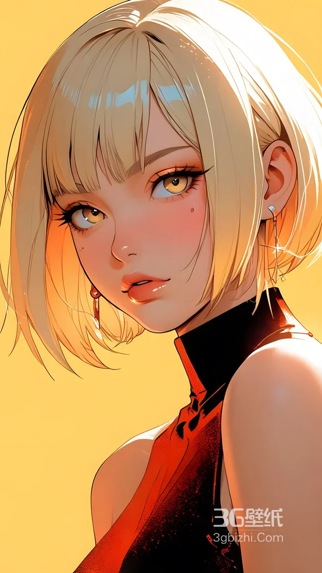 短发金发少女·二次元插画风·红黑高领衣精致耳饰 个性手机壁纸1