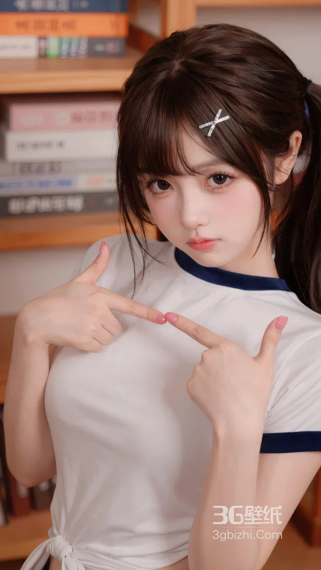 双马尾少女·X型发夹粉美甲互动 甜美校园风写真手机壁纸1