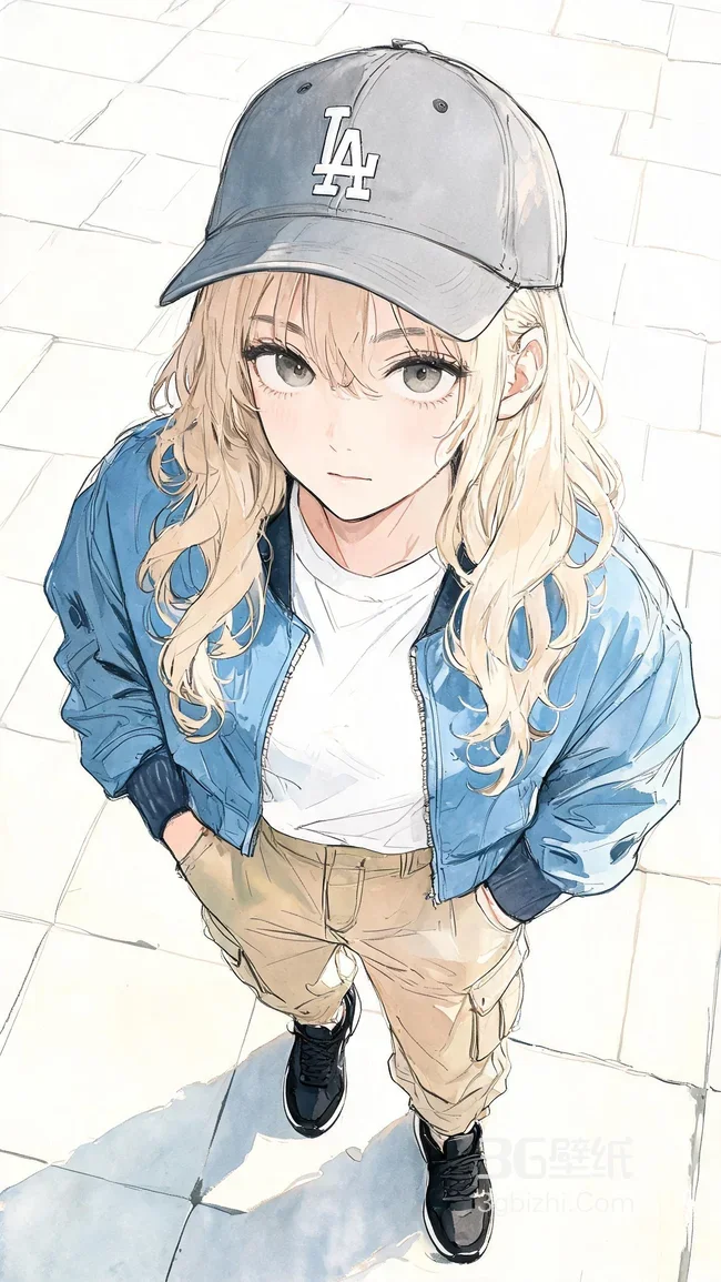 金发LA棒球帽少女·日系水彩插画 潮流穿搭手机壁纸1