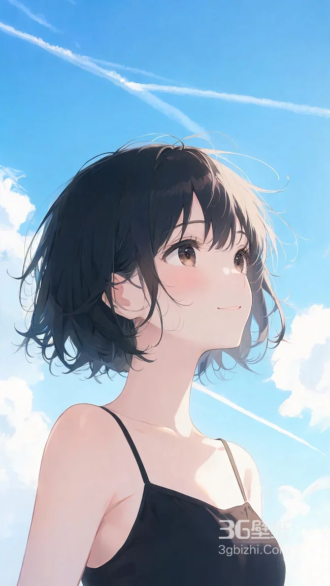 二次元短发少女 日系清新风 蓝天云翳手机壁纸1