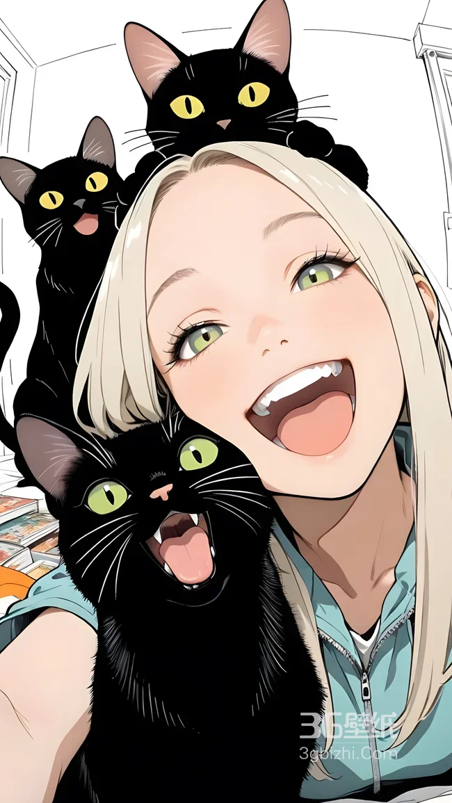 金发女孩&三只黑猫 二次元漫画风 萌宠互动手机壁纸1