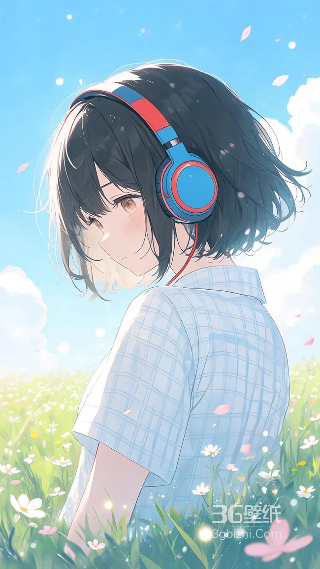 短发少女·蓝红耳机 日系清新二次元春日花海手机壁纸1
