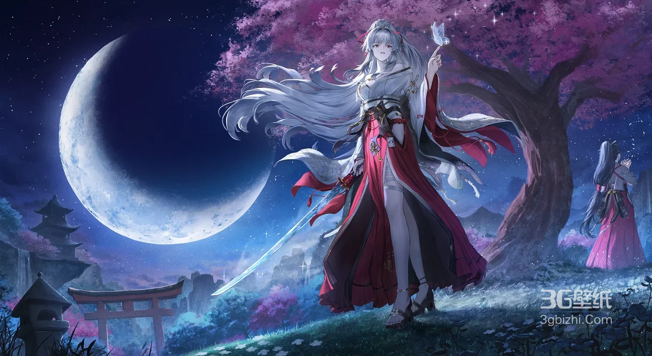 古风持剑少女·月下樱花 唯美国风游戏角色 电脑壁纸精选1