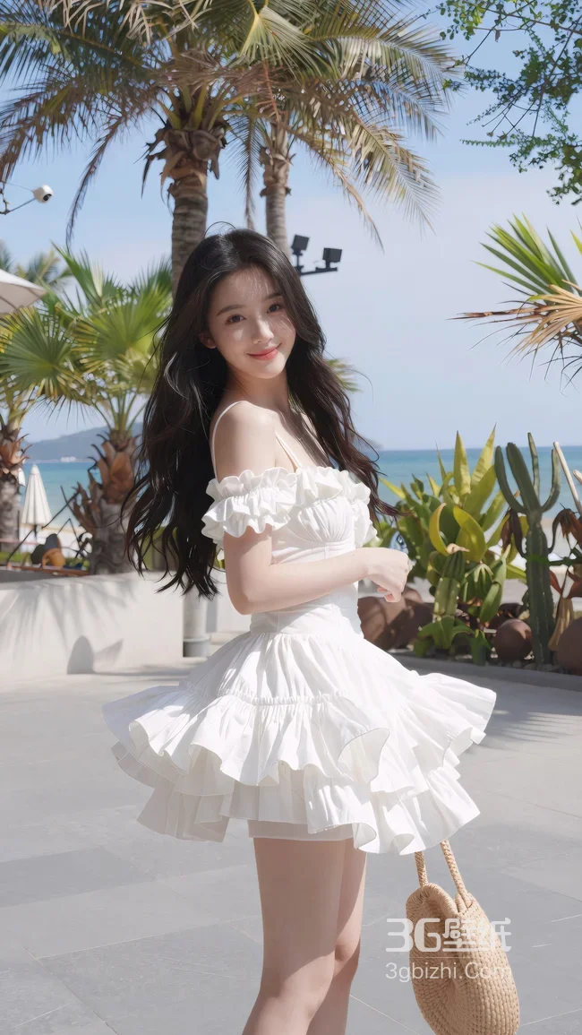 唯美海边度假美女·白色荷叶裙 清新手机壁纸1