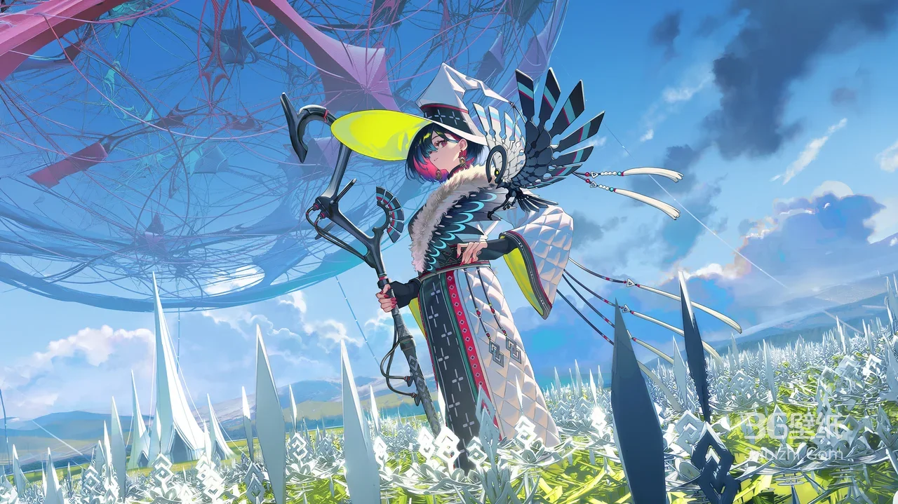 奇幻巫女·羽翼法杖 二次元赛博国风电脑壁纸（高热度：赛博国风壁纸）1