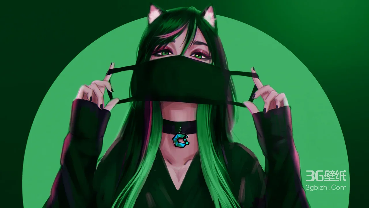 猫耳绿发少女·暗黑二次元风 个性电脑壁纸1