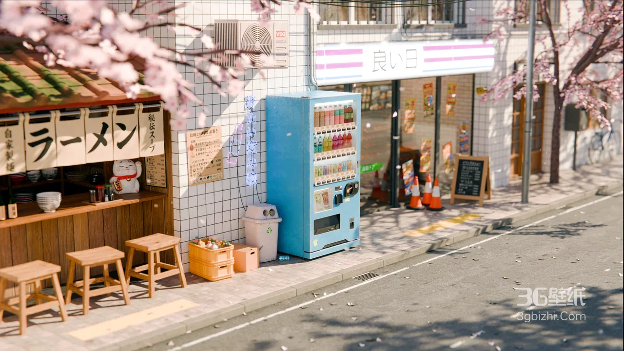 日系樱花街道拉面店·写实治愈·3D渲染电脑桌面背景1