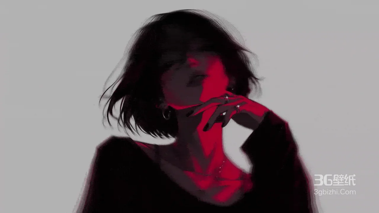 短发女性·暗黑红调光影 艺术插画电脑壁纸1