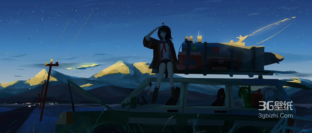 JK少女车顶旅行 国漫风星空雪山宽屏车机壁纸1