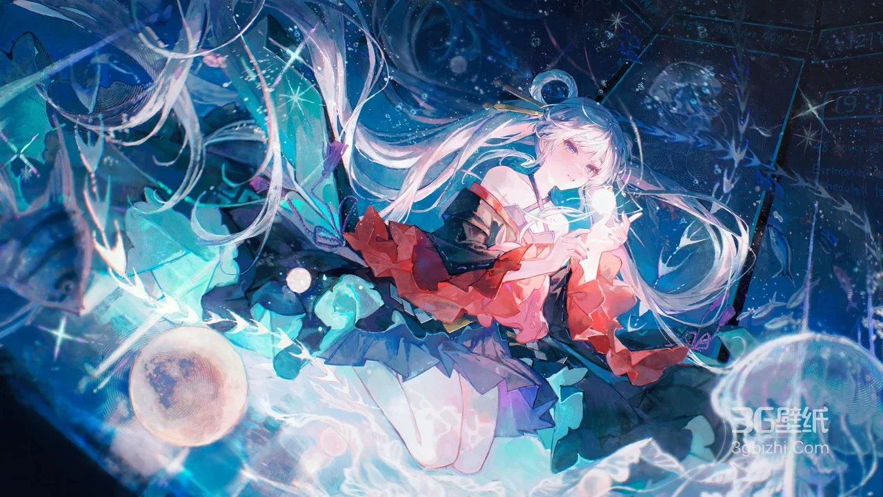 深海少女·水母月夜 二次元唯美风 宽屏高清桌面背景1