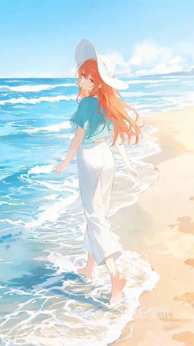 二次元橙发少女·海边漫步 全面屏高清锁屏1