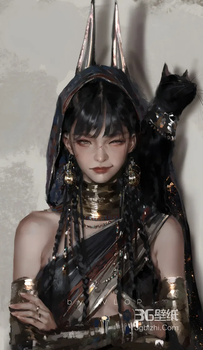 WLOP原画古埃及风神秘兽耳少女 高清全面屏锁屏1
