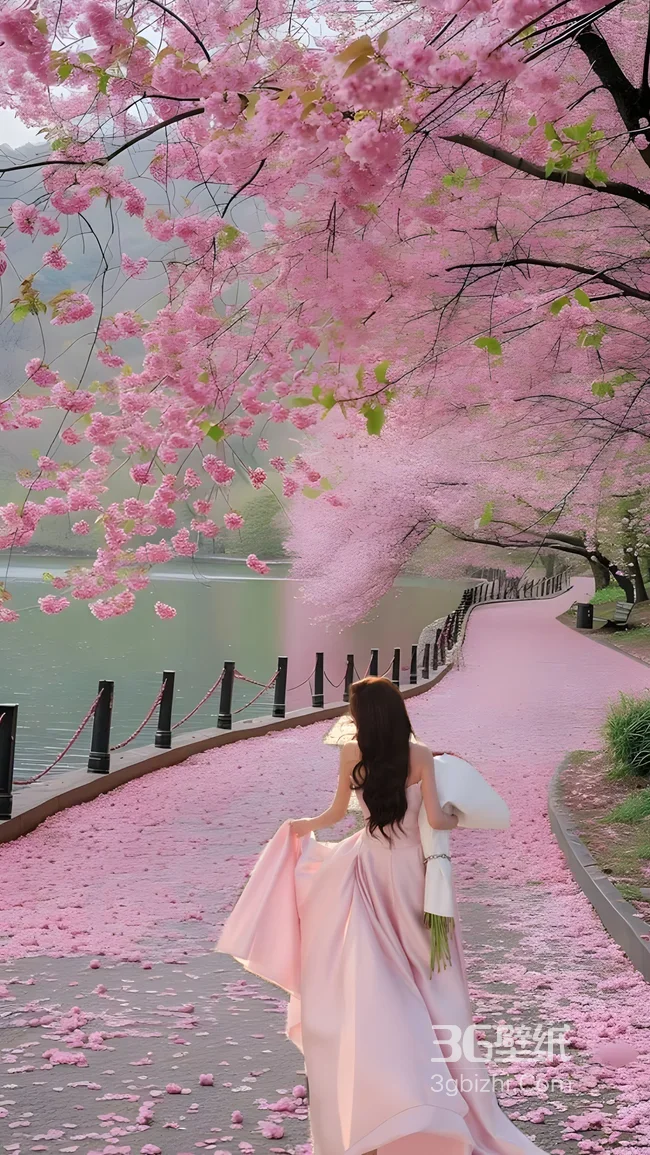 粉裙少女樱花步道·浪漫春日氛围感全面屏锁屏1