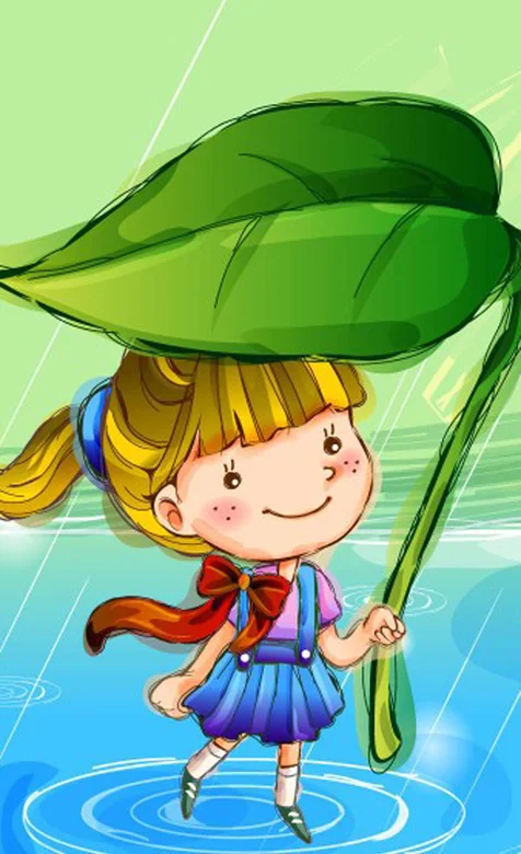 拿叶子当伞的卡通小女孩手机壁纸-iPhone17-1