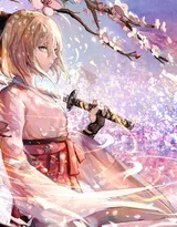 漫天樱花，樱花树下拿着武士刀的动漫武士图片