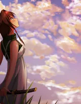 漫天樱花，樱花树下拿着武士刀的动漫武士图片