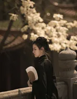 古风美女身着黑色汉服，执纸扇，画风风雅。