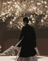 古风美女身着黑色汉服，执纸扇，画风风雅。