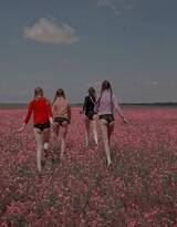 欧洲青春少女闺蜜四人组，在开满野花的山上唯美摄影照片