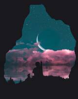 日月交相辉映，夕阳下的人和月牙，月白融合超好看图片