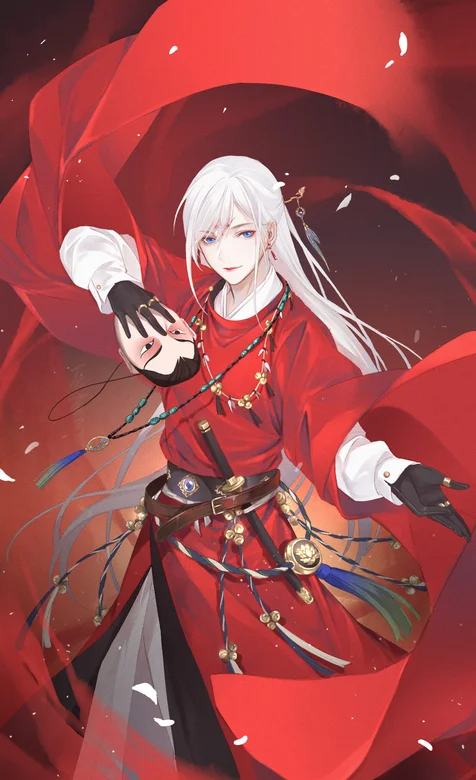 二次元 古风，红衣白发俊逸的动漫帅哥 手拿面具图片 – 高清 桌面壁纸 开放版权素材 免费下载 手机电脑通用背景图