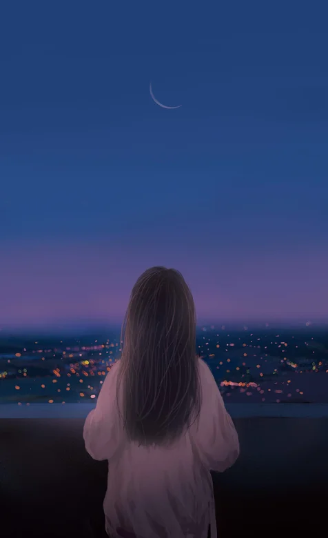 一个长发女孩的背影，他正望着灯火辉煌的城市 – 高清 桌面壁纸 开放版权素材 免费下载 手机电脑通用背景图