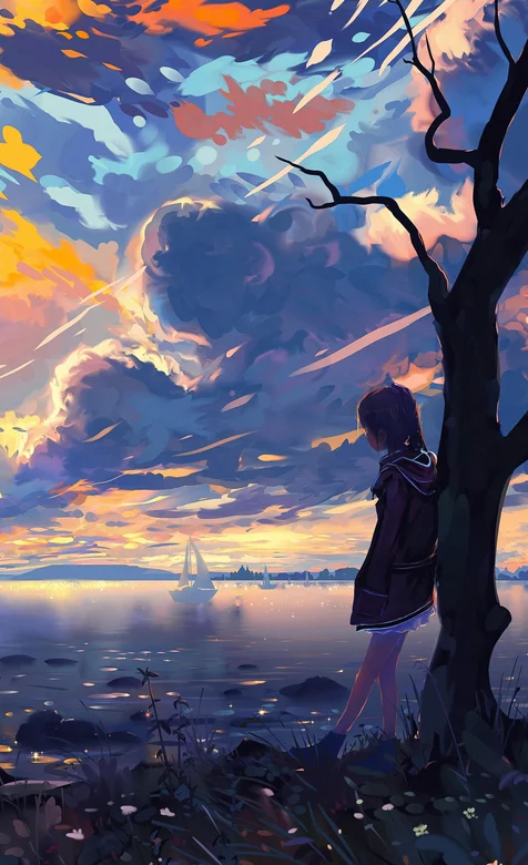 靠在海边枯树上的女生唯美动漫场景壁纸 – 高清 桌面壁纸 开放版权素材 免费下载 手机电脑通用背景图