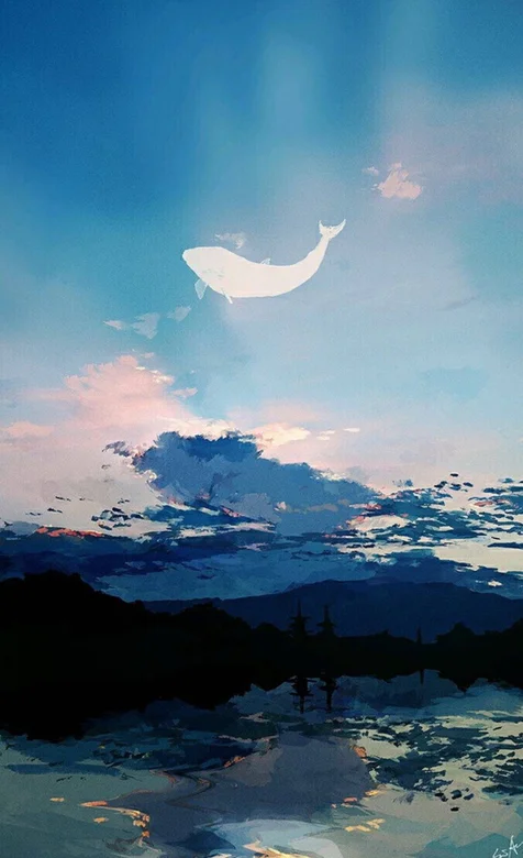 奇幻油画天空中的鱼唯美动漫风景手机壁纸 – 高清 桌面壁纸 开放版权素材 免费下载 手机电脑通用背景图