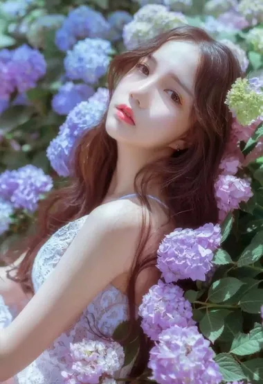 人比花娇，依偎在绣球花前的新娘装美女图片 – 高清 桌面壁纸 开放版权素材 免费下载 手机电脑通用背景图