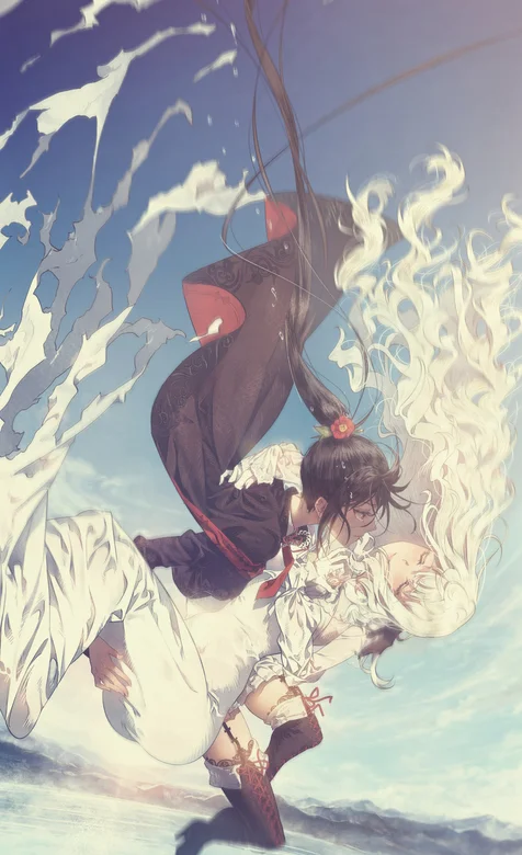 高空落下的一黑一白动漫长发女生手机壁纸，画面唯美 – 高清 桌面壁纸 开放版权素材 免费下载 手机电脑通用背景图
